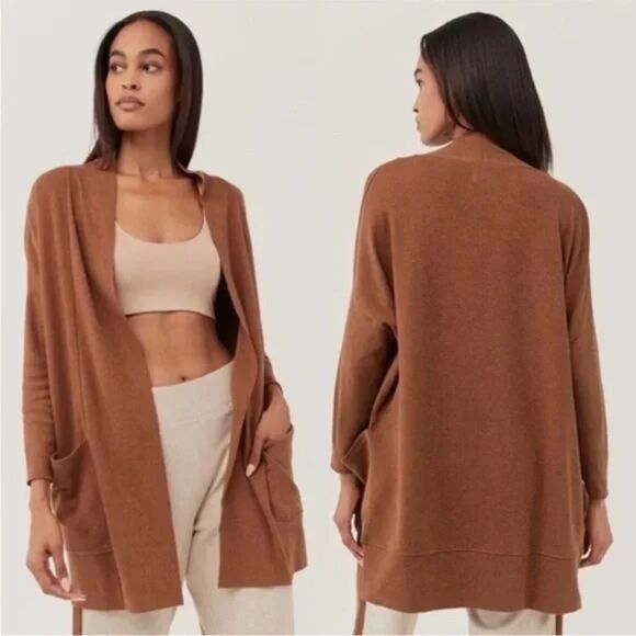 PACT Brooklyn Airplane Brown Long Sleeve Slouchy Oversized Long Cardigan Size S - Picture 1 of 7